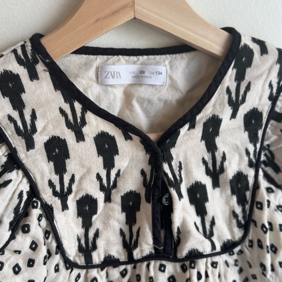 Zara Girls Long Sleeve Gauze Boho Floral Black and Beige Summer Short Dress - Picture 4 of 6